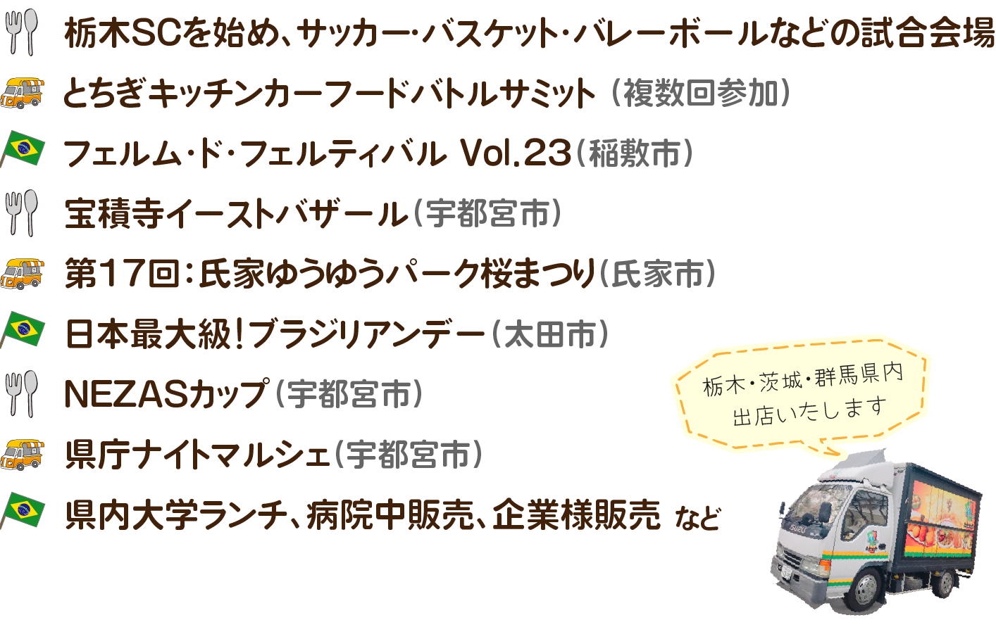 スポーツの試合会場、地域のイベント、大学、病院内、企業祭など